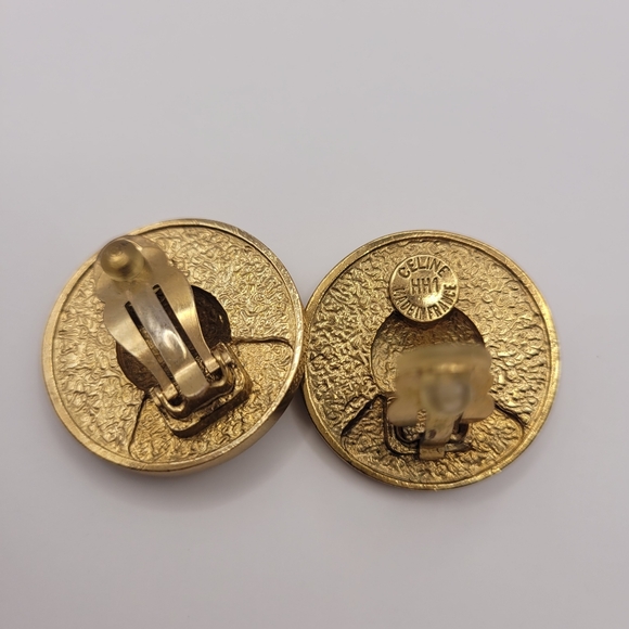 Celine Gold Plated White Enamel Round Clip Earrings - Picture 2 of 3